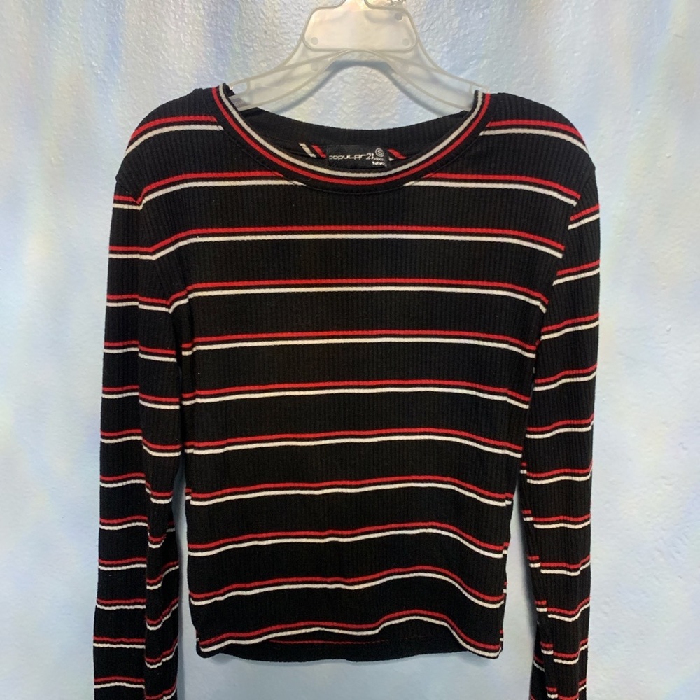 black, white & red striped shirt